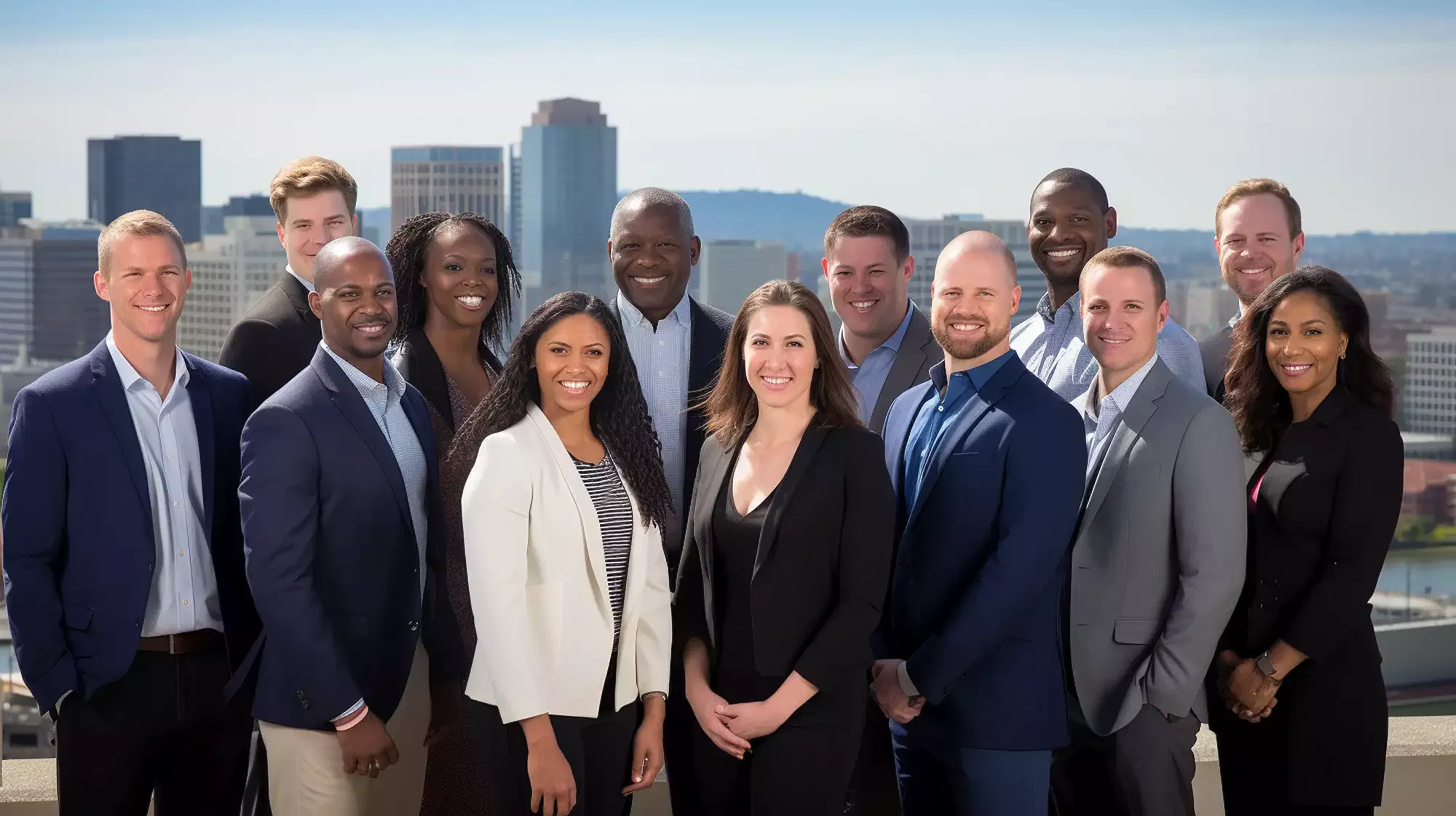 A company of business people posing for a photo in front of a city skyline.
