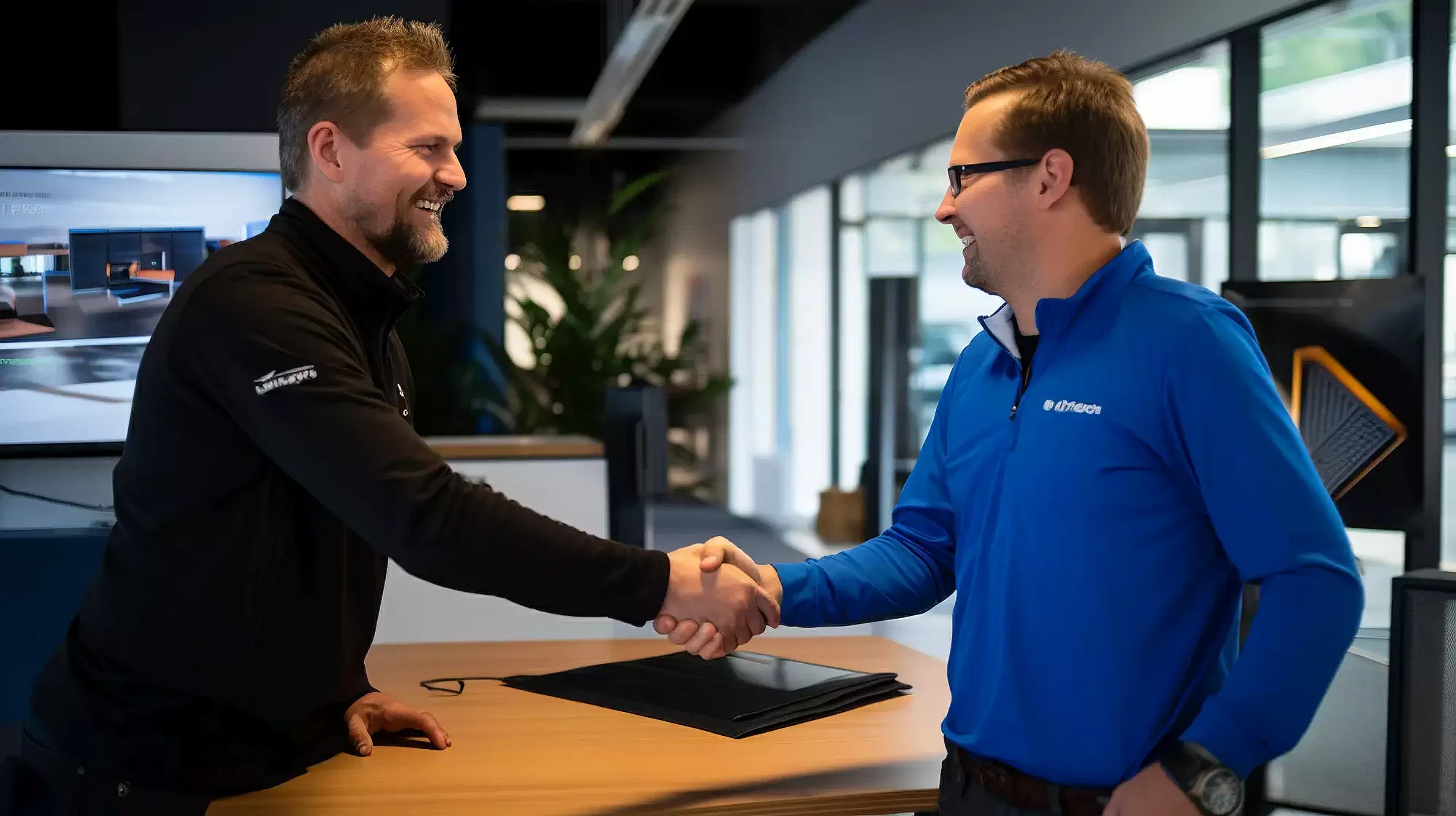 Two business partners shaking hands in front of a desk.