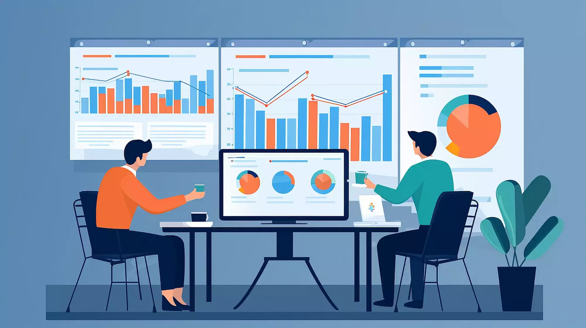 Two people from a company sitting at a desk with graphs on the wall.