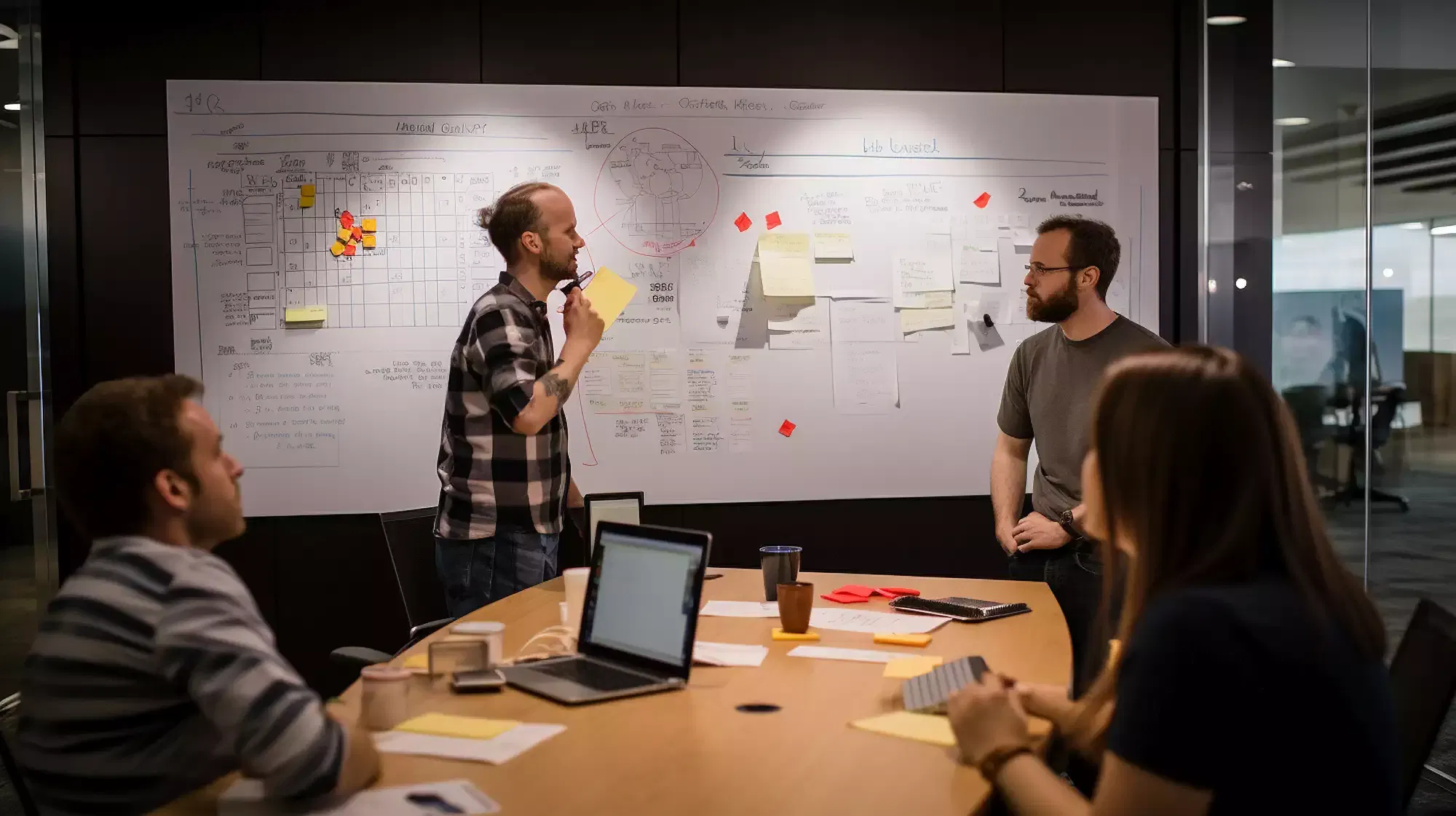 A company gathering with sticky notes on the wall.
