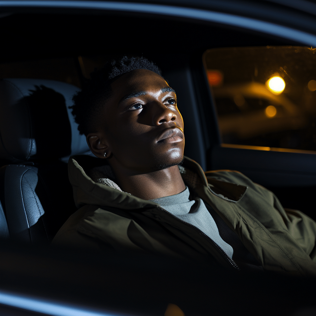 A man sitting in a car at night.
