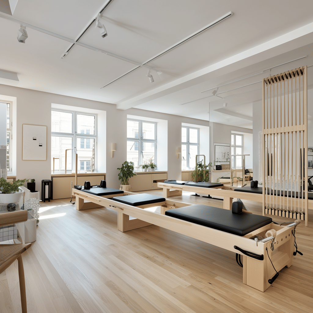 A pilates studio in a room with wooden floors.