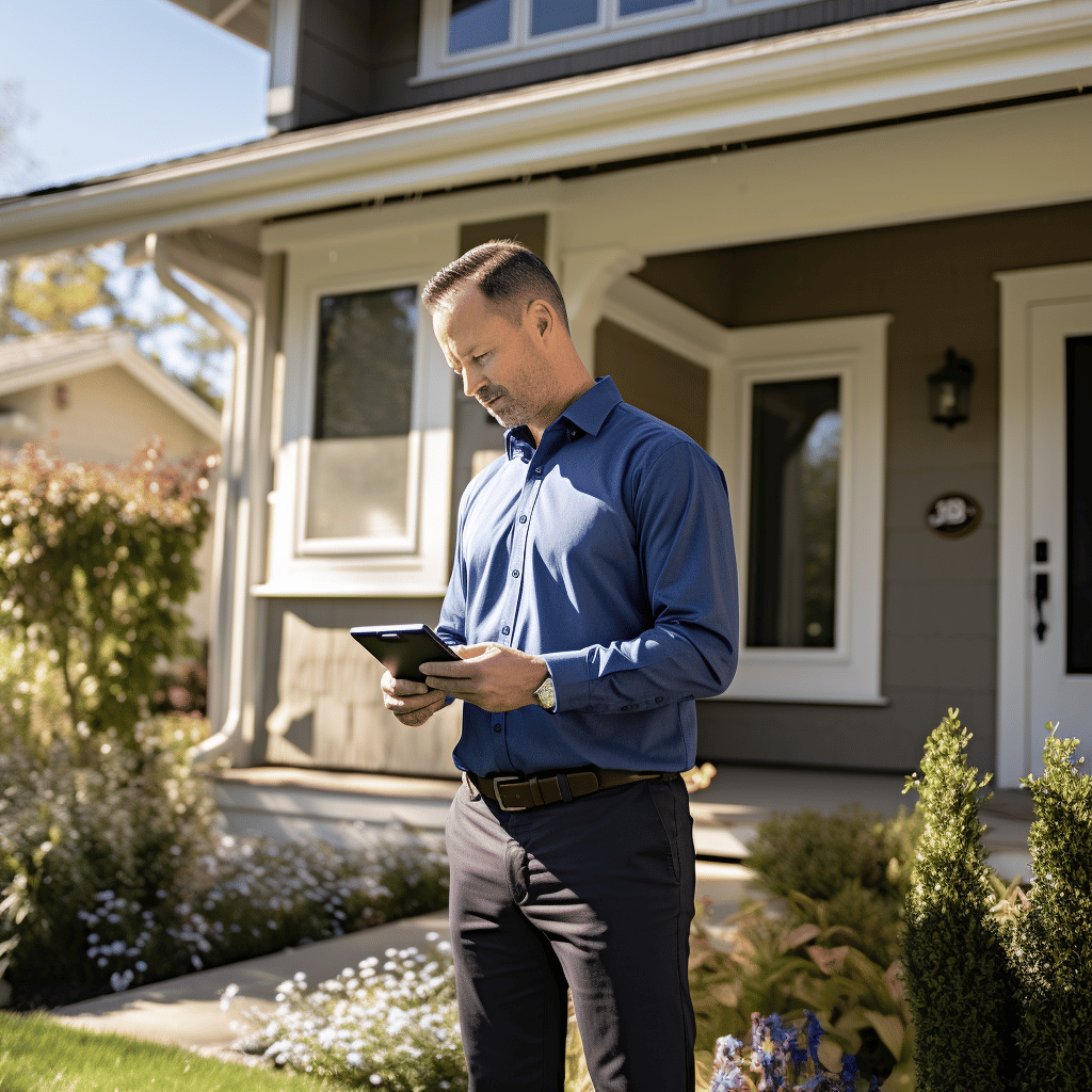 A man standing in front of a house.
