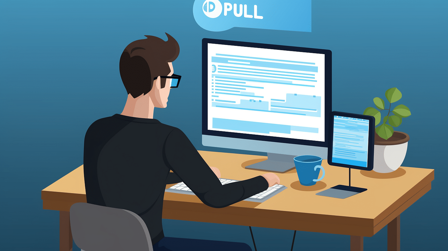 A man sitting at a desk with a laptop and a tablet, specializing in Drupal development services.