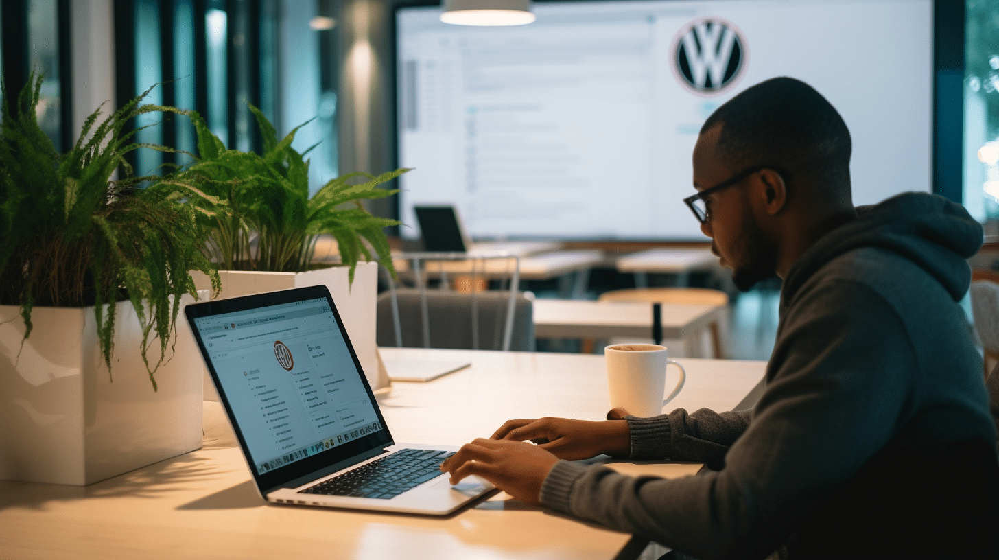 A man involved in Wordpress development sitting at a desk with a laptop in front of him.