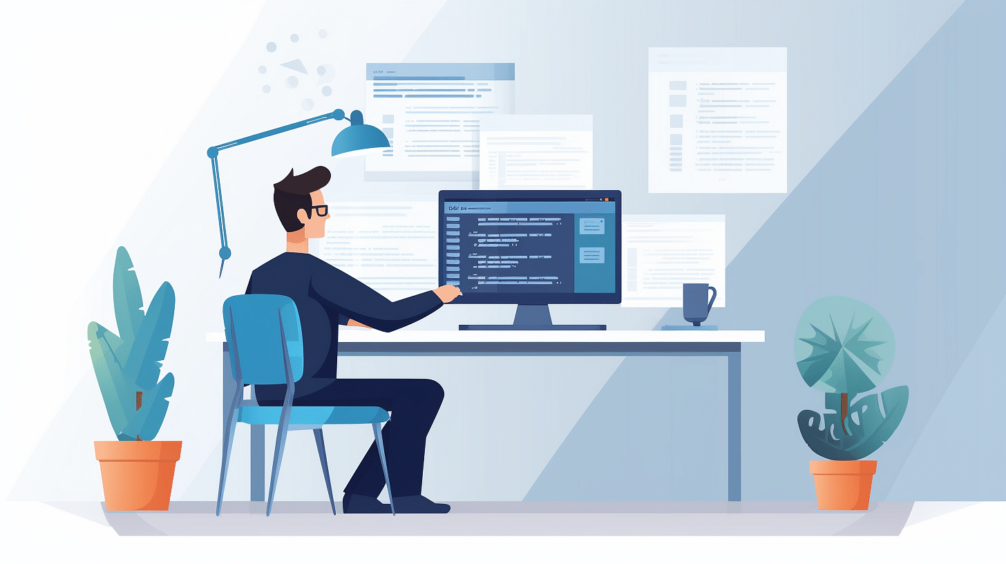 A man is sitting at a desk and working on a computer, focusing on copywriting or content development.