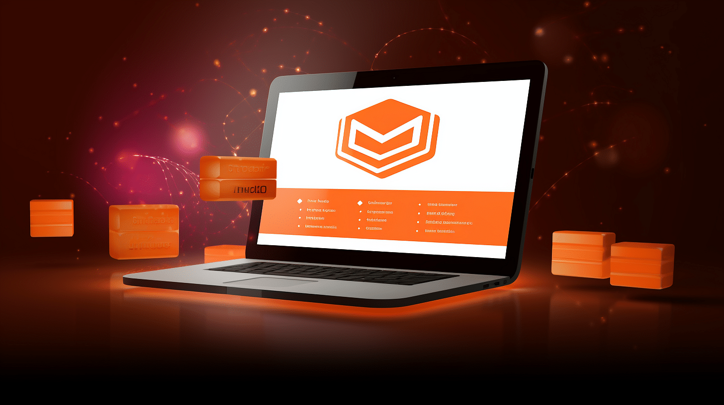 A laptop with an orange logo on it, ideal for development and Magento services.