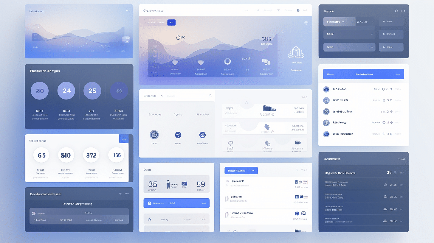 A collection of blue and white UI/UX design elements.