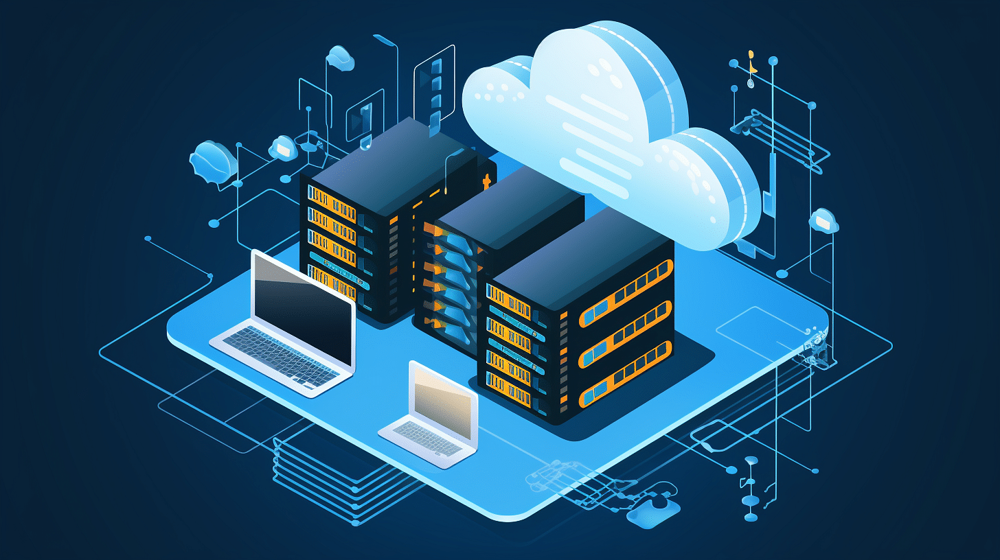 An isometric image of a cloud with a laptop and a computer representing web hosting solutions.