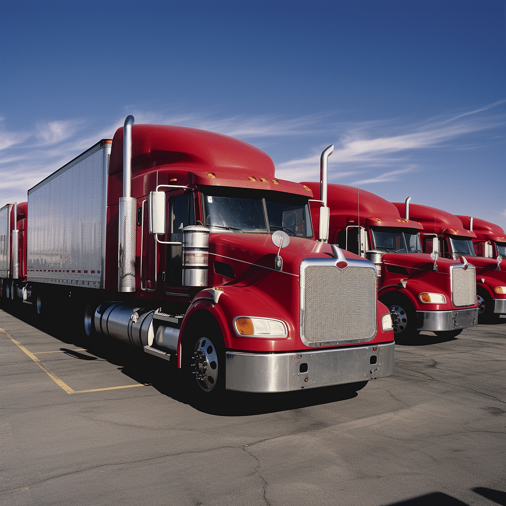 A line of red semi trucks parked in a parking lot.