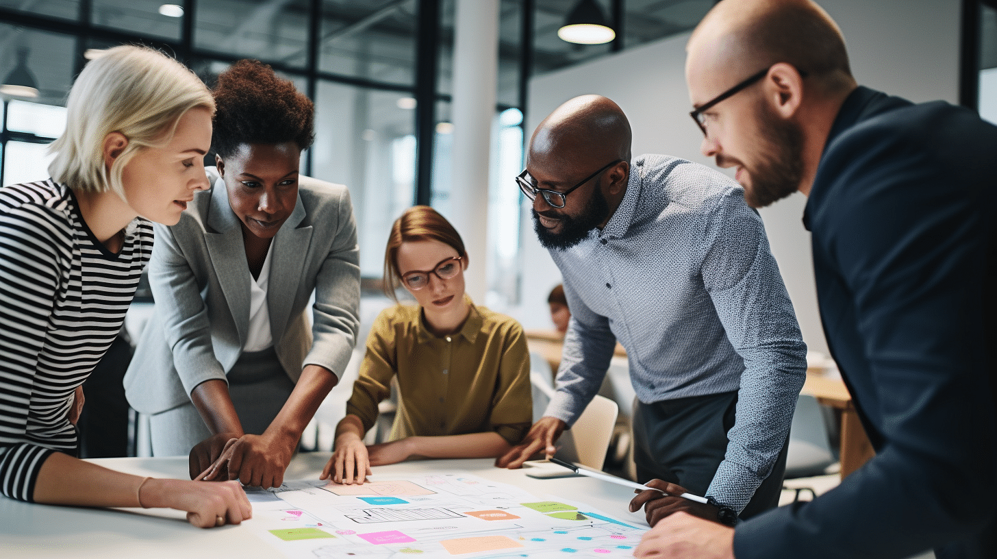 A group of business people collaborating on website design ideas on a whiteboard.