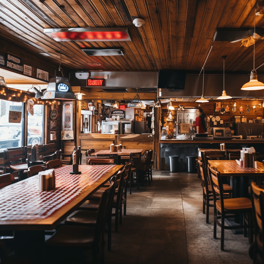 A wooden ceiling in a restaurant.