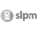 A black and white logo with the word slpm.